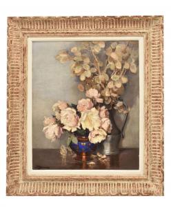 ALTE GEMÄLDE, ART DECO, STILLLEBEN MIT WEISSEN ROSENBLÜTEN, ÖL AUF LEINWAND, 20. JAHRHUNDERT. (QF664)